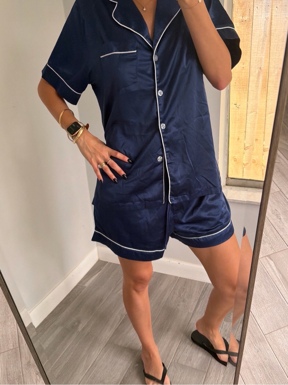 Classic Navy Satin Short Pajama Set with White Piping